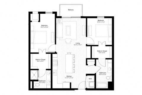Floor plan for 2 beds, 2 baths, 1067 sqft